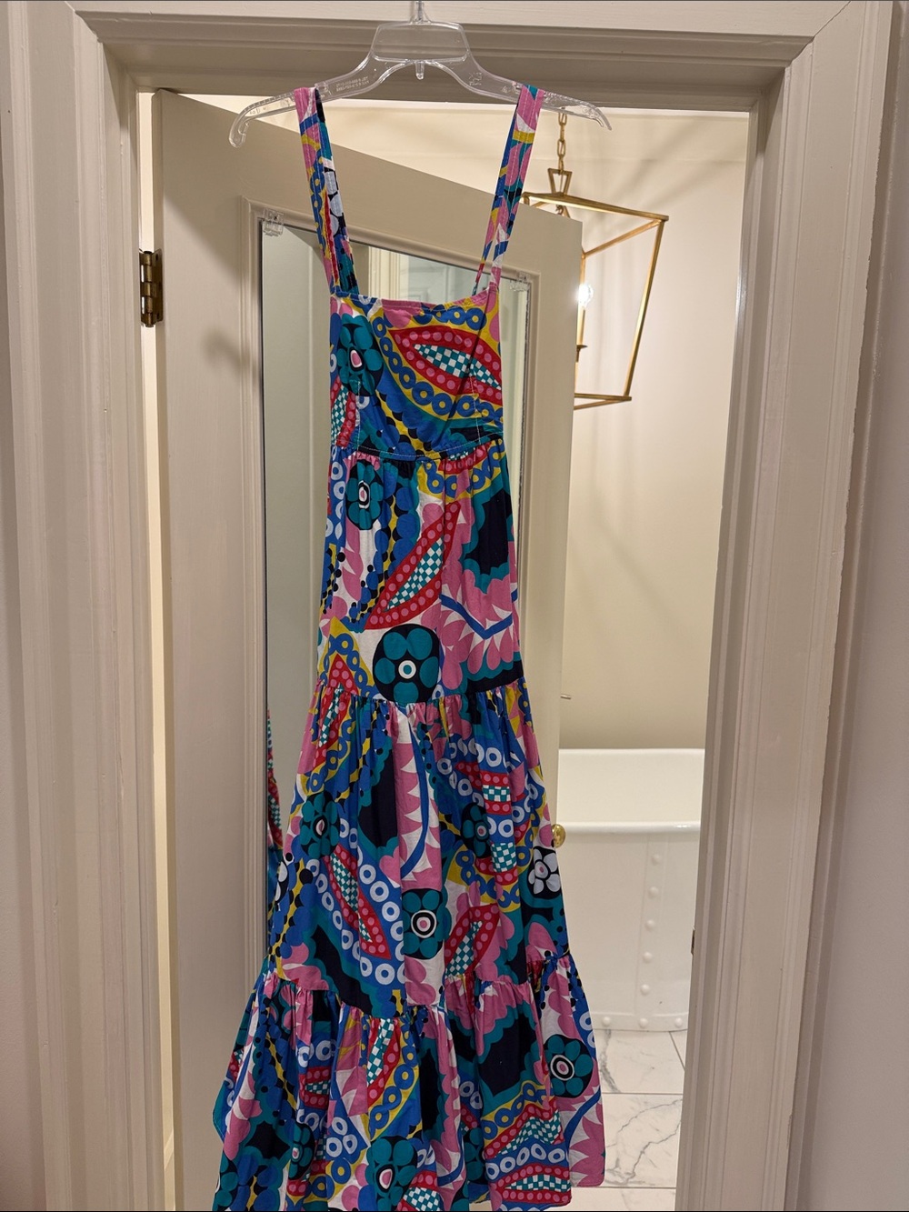 J. Crew Blue & Pink Graphic Print Tiered Maxi Dress
